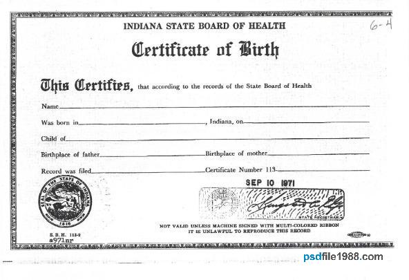 USA Indiana Board of Health Death Certificate